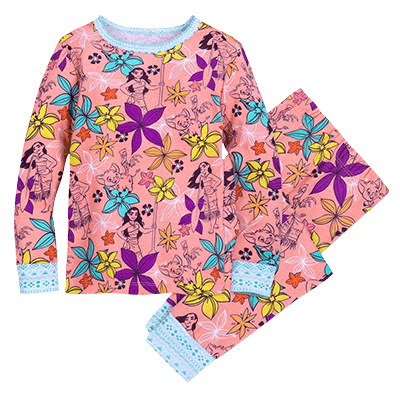 Moana-themed pajamas with brightly colored print pattern.